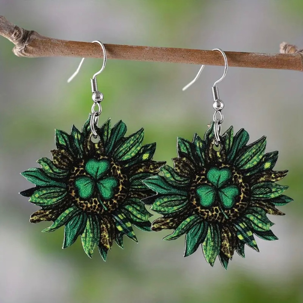 St. Patrick’s day green sunflower clover dangle earrings